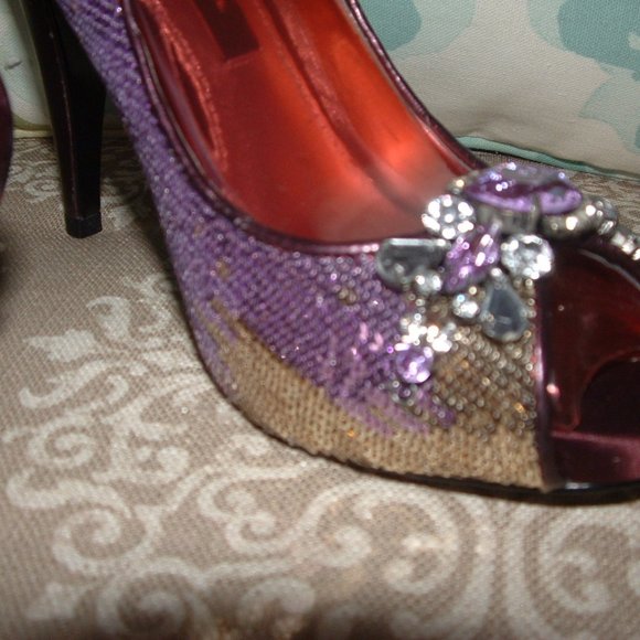 Nina Gold Purple Sequin Crystal Peep Toe Heels - Picture 3 of 9